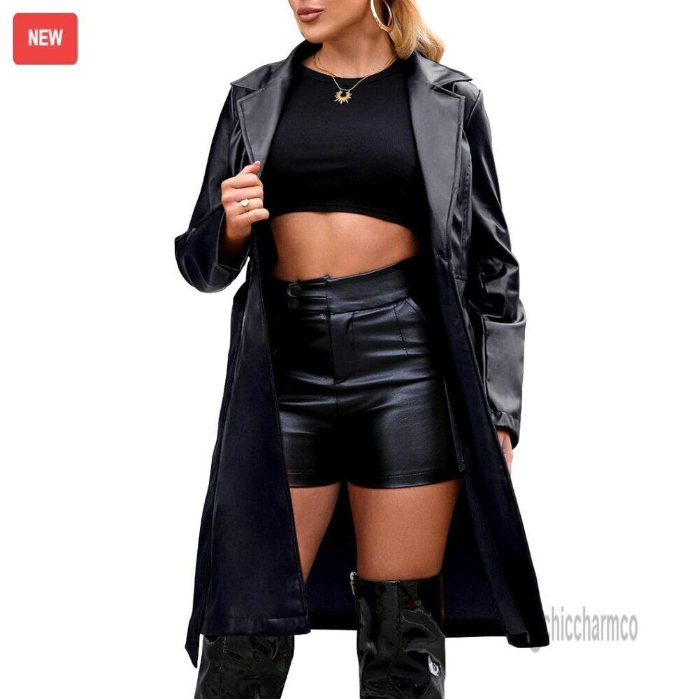 Faux Leather Trench Coat with Belt, Knee Length, Open Front, Motorcycle Style